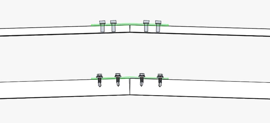 Technical drawing: Connector plates joining low-slope roof structure sections